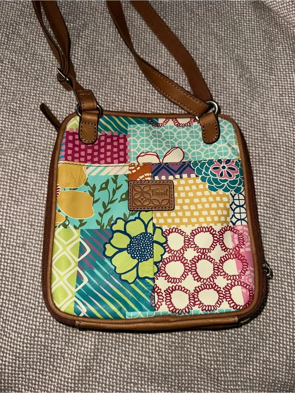 Fossil Patchwork Floral Crossbody in Multicolor with Brown Trim